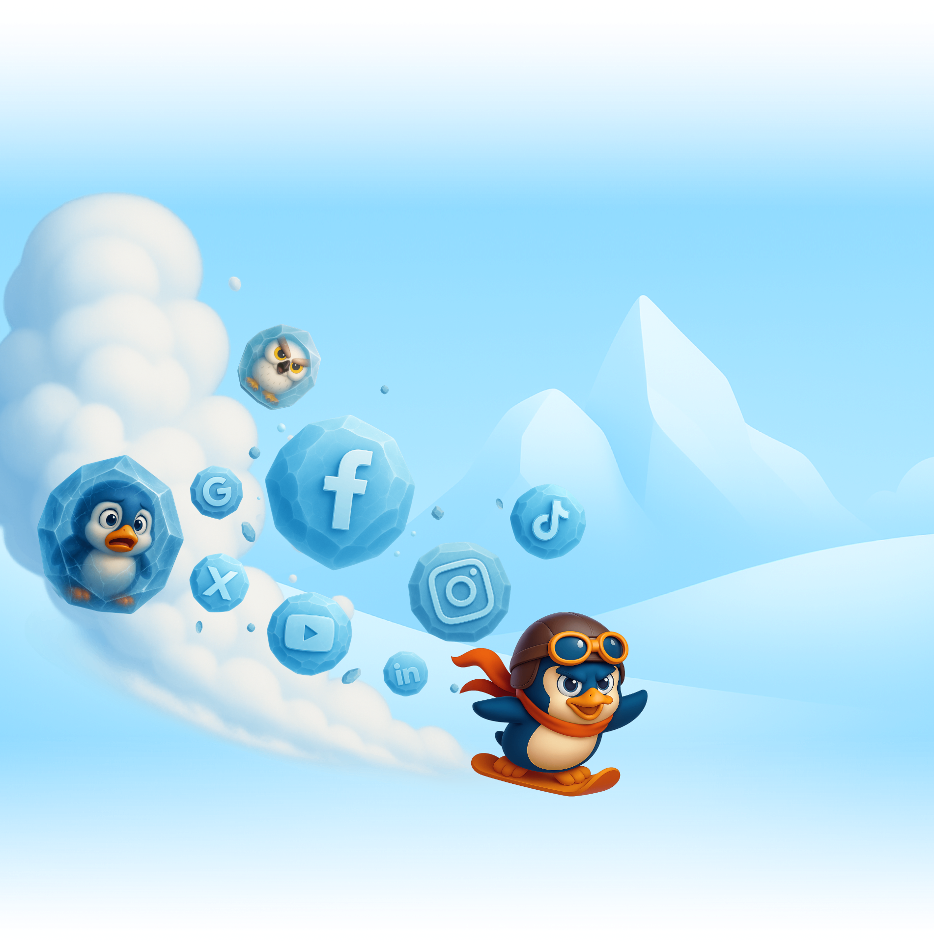 Penguin snowboarding past frozen social media icons